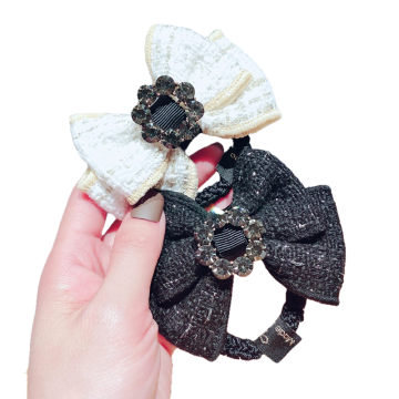 Korean Fabric Black White Bow Knot Hair Tie Rhinestone Elastic Band Ring Cute Girl Ponytail Head Rope Rubber